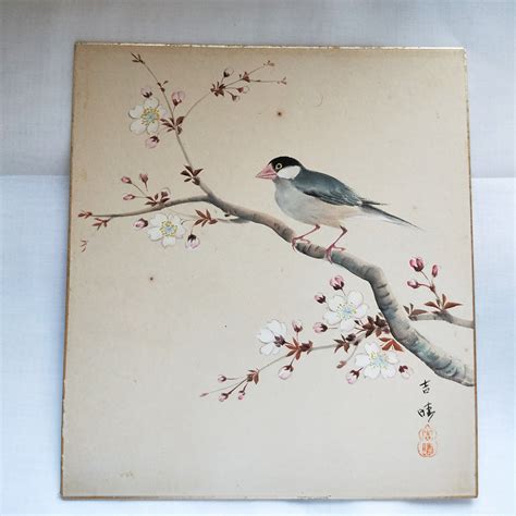 Vintage Hand painted Japanese shikishi paintings Japanese bird in plum blossom tree.