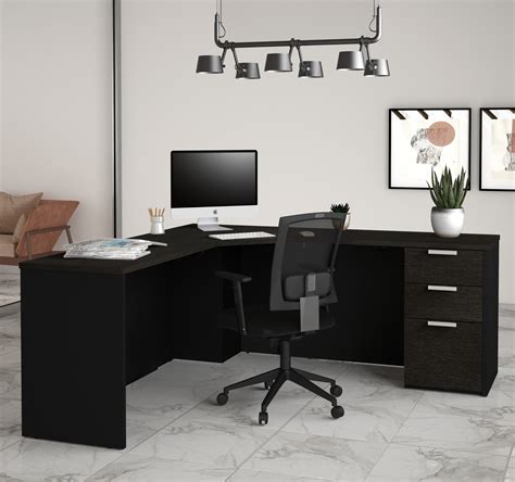 Modern Single Pedestal Corner Desk in Sleek Deep Gray & Black Finish ...