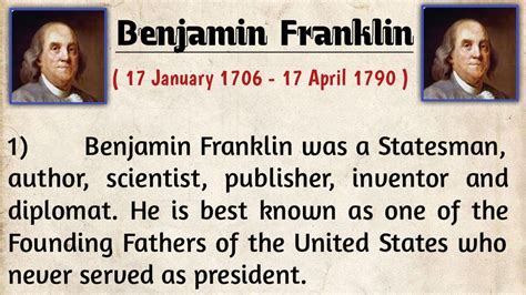 10 lines Benjamin Franklin essay in English | Benjamin Franklin ...