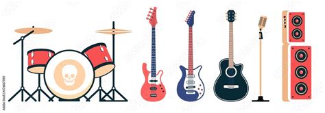 Rock band instruments set. Acoustic and electric guitars, drum set and speakers with a ...