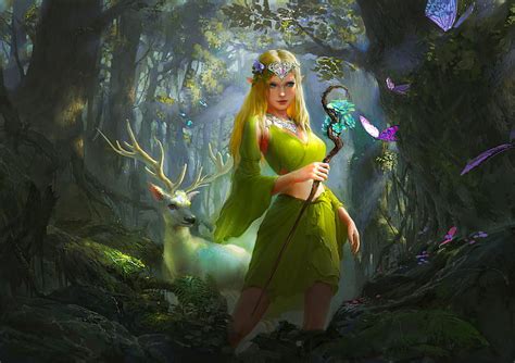 Forest Fairy, girl, digital, woman, deer, fairy, art, forest, bonito, fantasy flowers, HD ...