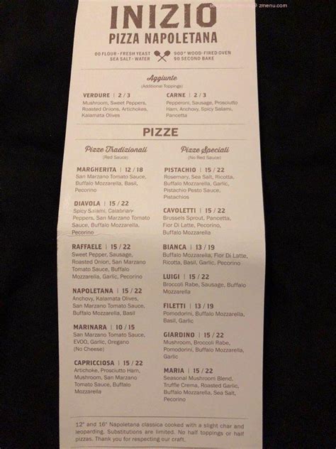 Online Menu of Inizio Pizza Napoletana Restaurant, Huntersville, North Carolina, 28078 - Zmenu