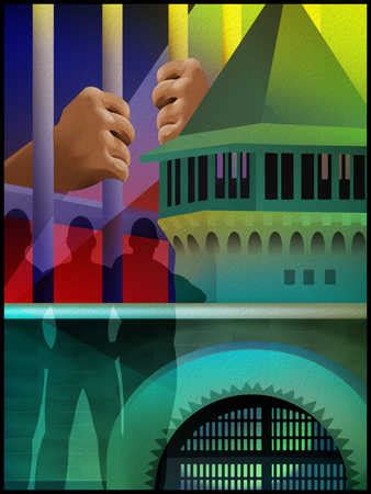 Stock Illustration - Hands on prison bars next to guard tower and gates