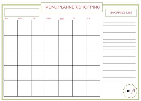 Blank Monthly Menu Template