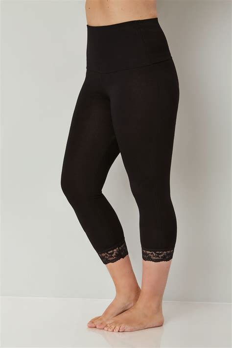 Black TUMMY CONTROL Soft Touch Cropped Leggings With Lace Trim, Plus size 16 to 36