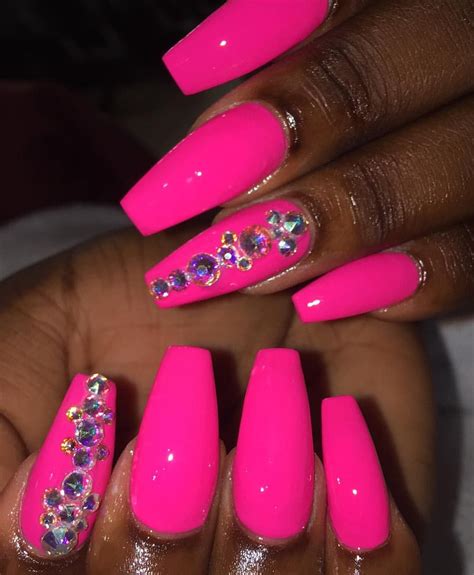 Rhinestone Hot Pink Nails With Diamonds