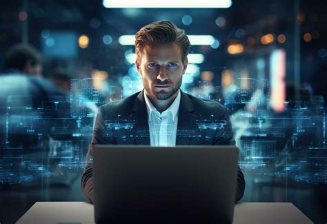 double exposure photo of a business man using laptop on his desk front ...