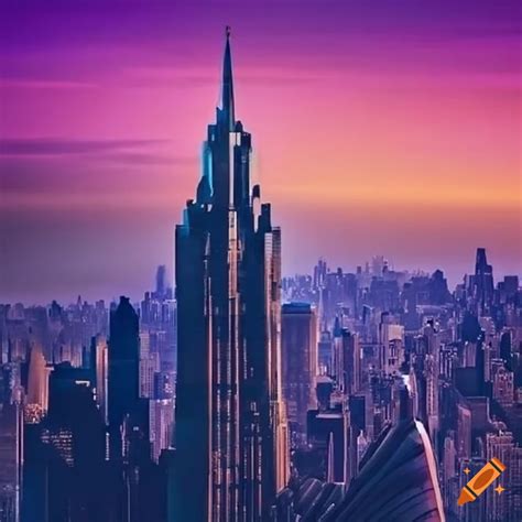 Futuristic new york skyline with colorful spaceships on Craiyon