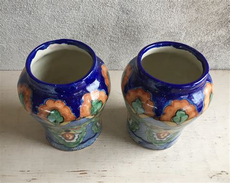 Two Uriarte Talavera Pottery Vases, Puebla Mexican Folk Art, Rustic Home Decor