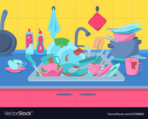 Cartoon color sink and pile dirty dish concept Vector Image