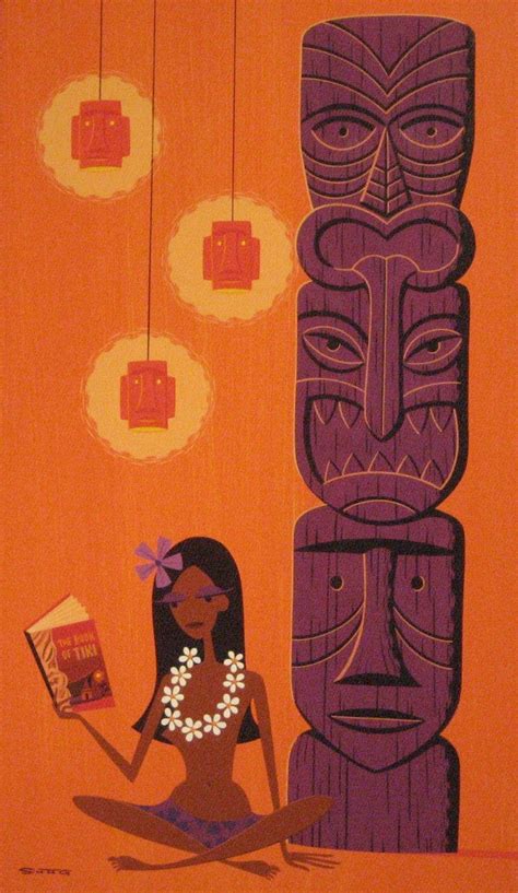 a woman sitting on the ground in front of a tiki totem pole holding a book