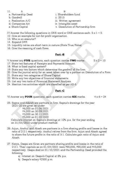 Karnataka 2nd PUC Accountancy Model Paper 2024 PDF - NCERT Expert