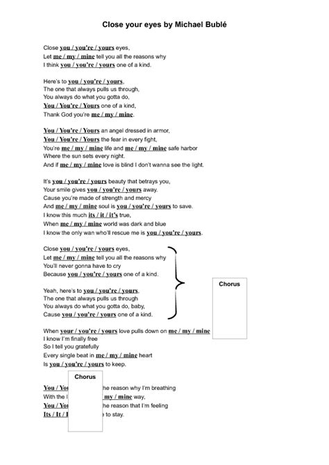 Song Worksheet: Close Your Eyes by Michael Bublé