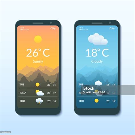 Smartphone Screens With The Weather Forecast Mobile App Stock Illustration - Download Image Now ...