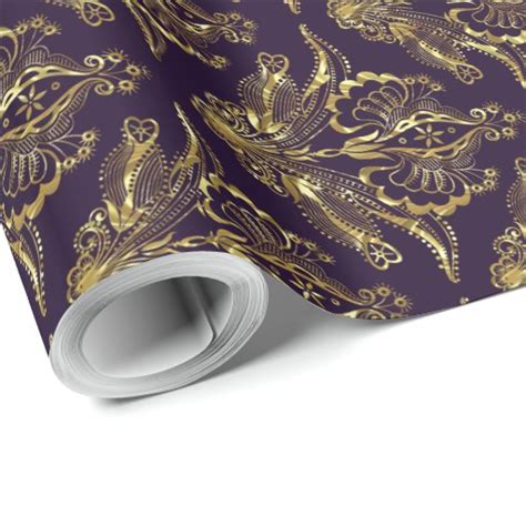 Deep Purple & Metallic Gold Foil Floral Damasks Wrapping Paper | Zazzle