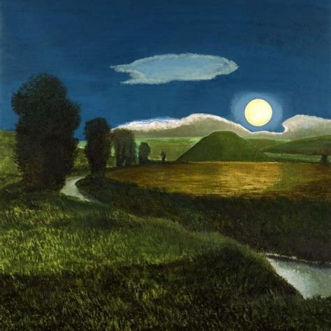 a painting of a green field with trees and a river running through it at night