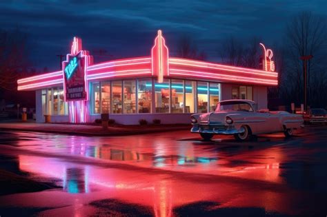 Premium AI Image | Retro diner exterior with neon signs at night ...