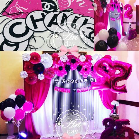 Chanel party. Banner flags. Happy birthday. Decoration black, white and ...