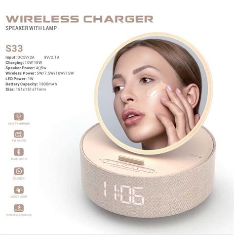 S33 Newest Phone Stand Makeup Mirror LED Light Speaker Wireless Charger ...