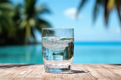 Premium AI Image | A glass of ice water on a table with a beach background