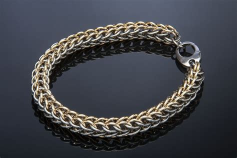 Hand Crafted Men's 14k Gold & Black Persian Weave Chainmaille Bracelet by Jewelry by La Pierre ...