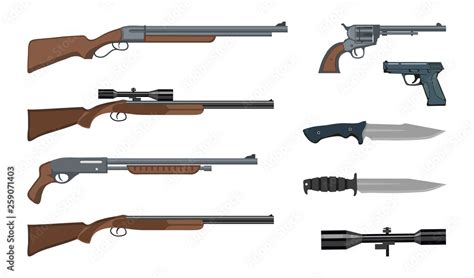 Firearms and ammunition. Military weapon. Army handgun and revolver gun. Various kind of rifle ...