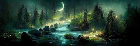 Premium Photo | Dark fantasy forest. river in the forest with stones on the shore. moonlight ...