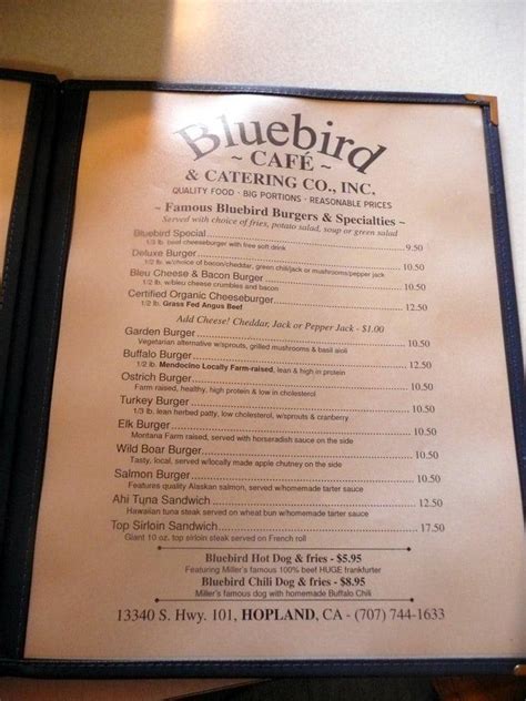 Menu at Bluebird Cafe, Hopland, US-101