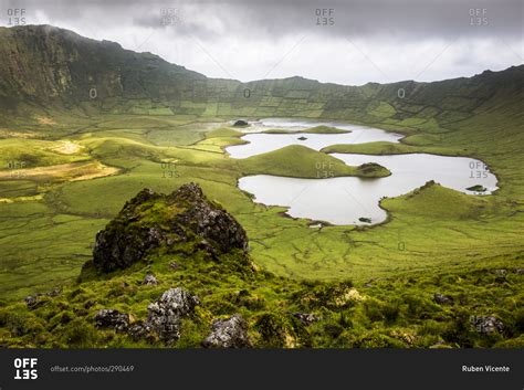 View of Caldeirao, Corvo Island, Azores, Portugal stock photo - OFFSET