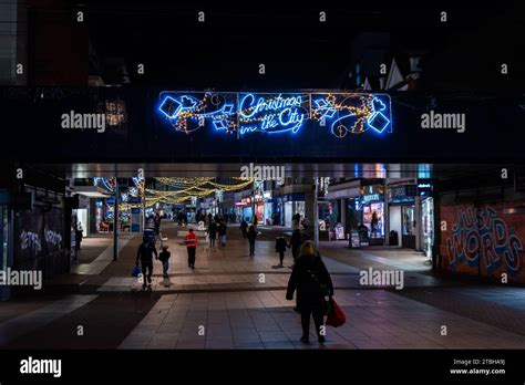 Southend on Sea High Street with Christmas lights. Shopping precinct ...