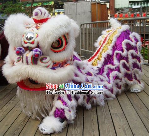 a white and purple dragon costume on display