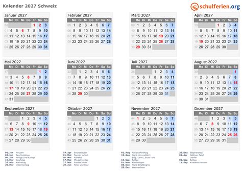 Kalender Schweiz 2027 mit Feiertage