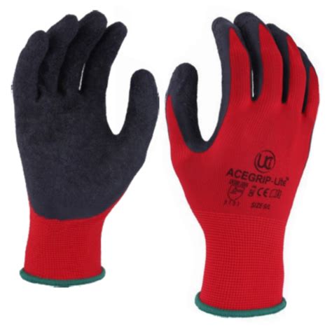 Black Rubber Palm Coated Grip on Red Nylon Liner Work Gloves Acegrip ...