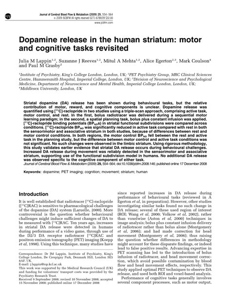 [PDF] Dopamine Release in the Human Striatum: Motor and Cognitive Tasks Revisited