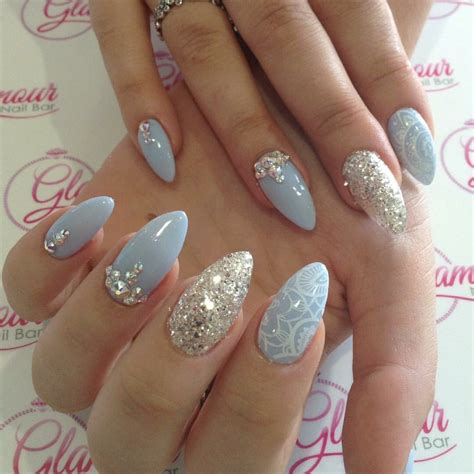 Almond nails with glitter, Swarovski crystals and lace details | Blue nails, Lace nails, Almond ...