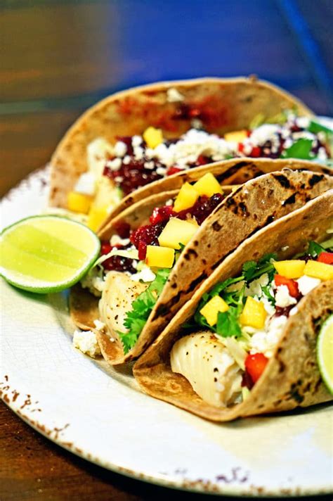 Grilled Fish Tacos with Roasted Cranberry Mango Salsa - Kevin Is Cooking