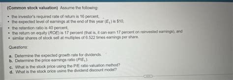 Solved (Common stock valuation) Assume the following: - the | Chegg.com