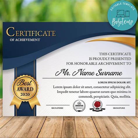 Customizable Certificate of Achievement Template Instant Download ...