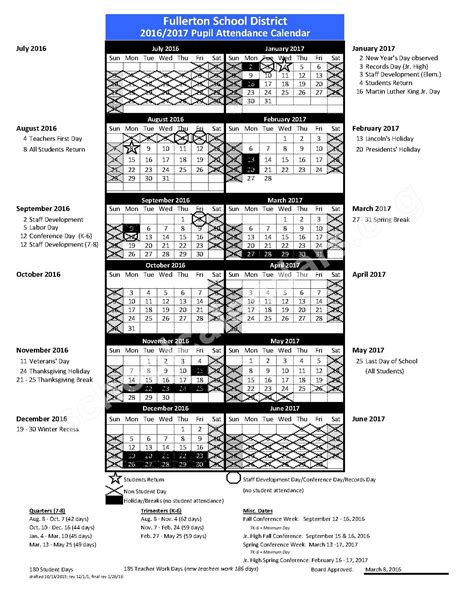 2016 - 2017 Pupil Attendance Calendar | Raymond Elementary School – Fullerton, CA