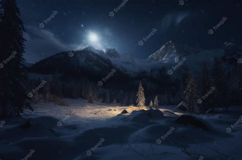 Premium AI Image | A snowy mountain landscape with a starry sky and a ...