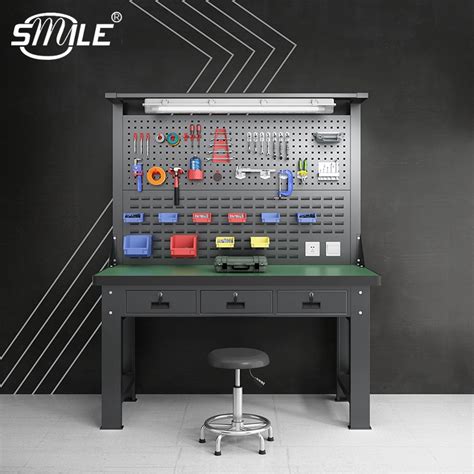 Smile Heavy Duty Metal Workshop Garage Workbench with Light and Drawers ...