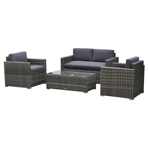 Outsunny 4 Pieces Outdoor Wicker Patio Sofa Set, Rattan Conversation Furniture Set with Cushions ...