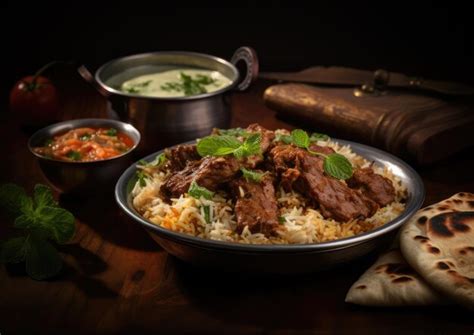 Premium AI Image | A lamb biryani served with a side of raita and naan