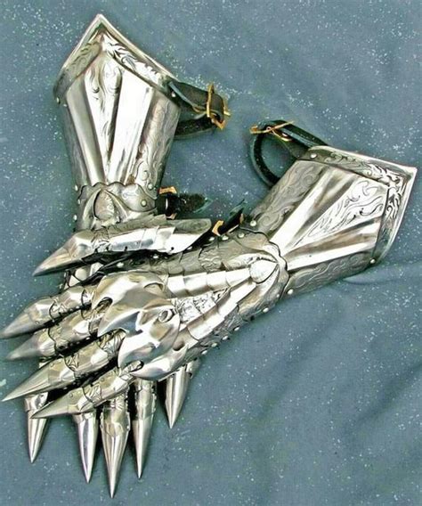 Medieval gauntlet gloves pair brass accents knight crusader armor steel ...