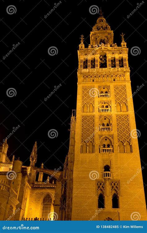 The Giralda Tower of Seville Catherdral by Night Stock Image - Image of ...