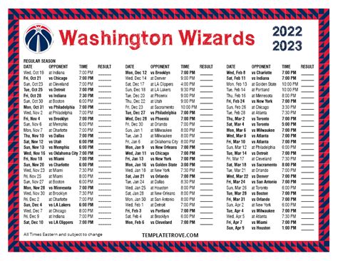 Printable 2022-2023 Washington Wizards Schedule