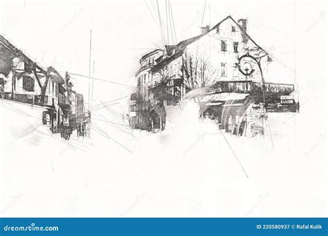 Wooden Architecture of Zakopane at Day, Poland, Illustration Art Drawing Sketch Stock ...