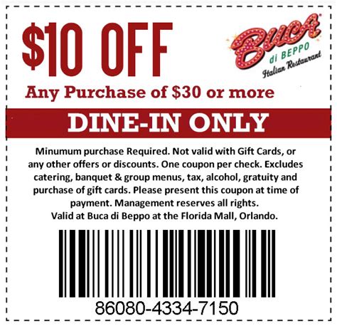 Buca di Beppo Orlando $10.00 Off Coupon