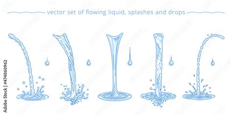 Vector set of pouring water flows, drops and splashes. Different ...