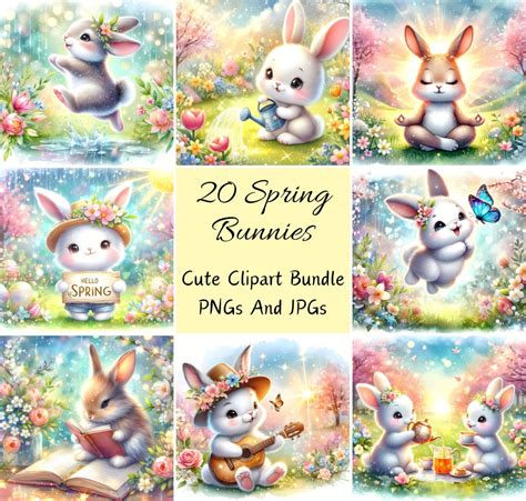 Cute Spring Bunny Clipart Bundle, Watercolor Clip Art Images, 20 High ...